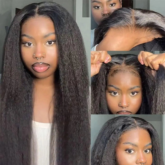 Kinky Straight Wear and Go Glueless Human Hair Wig Pre Plucked Pre Cut 4x4 Glueless Lace Front Wigs for Black Women Human Hair