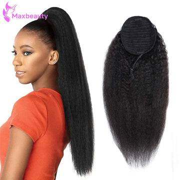 Drawstring Ponytail Extension Kinky Straight 100% Human Hair Ponytail  Yaki Kinky Straight Ponytail Extensions Natural Color