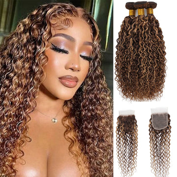 12A Honey Blonde Highlight Water Wave 2/3 Bundles With Lace Closure 100% Human Hair Ombre Brown Curly Bundle With HD 4x4 Closure